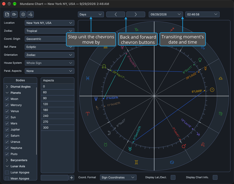The time band above a Mundane chart's wheel, with the step-unit drop-down, the back and forward chevrons, and the date and time pickers of the transiting moment.