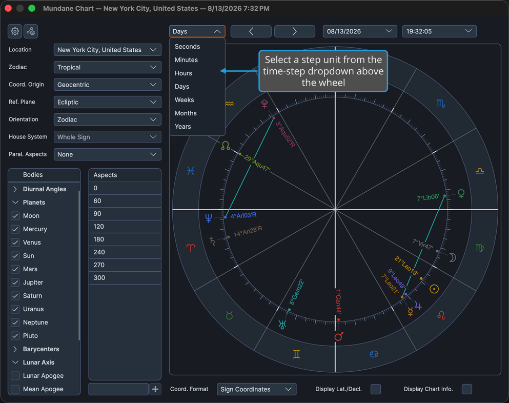 Mundane chart window with the time-step dropdown open above the wheel.