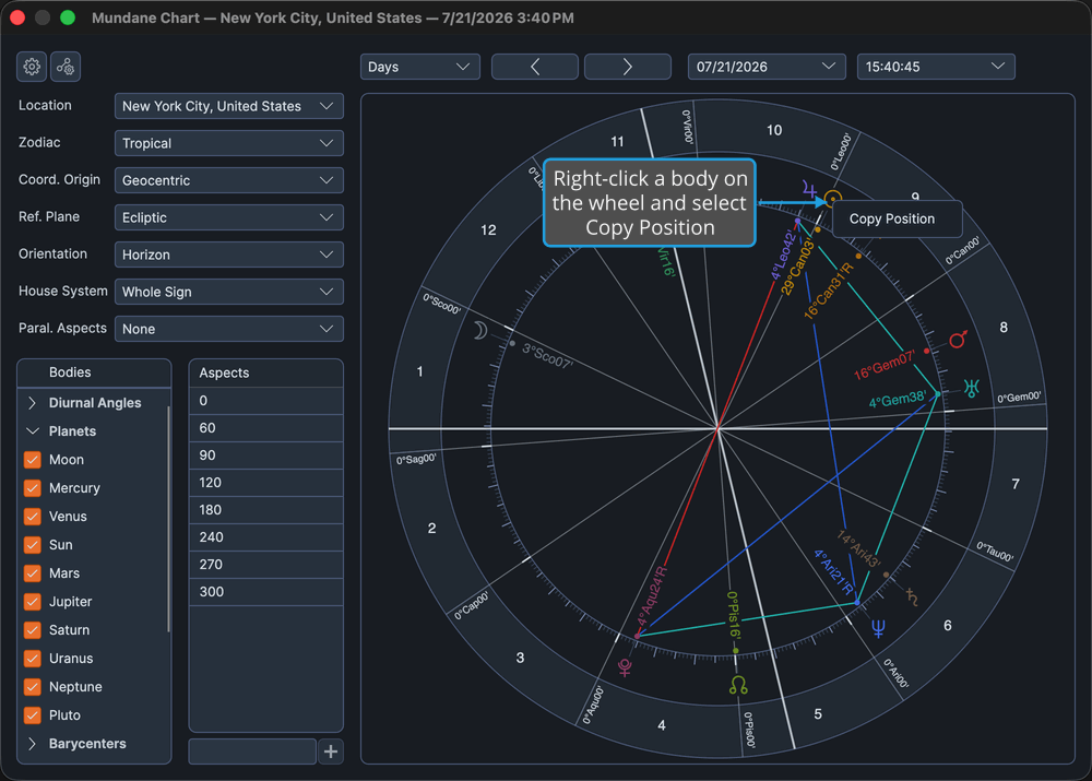 A chart wheel with a body right-clicked so its context menu is open, showing the Copy Position command.