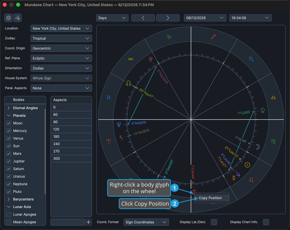 Mundane chart window with the wheel context menu open over a body glyph, offering Copy Position.