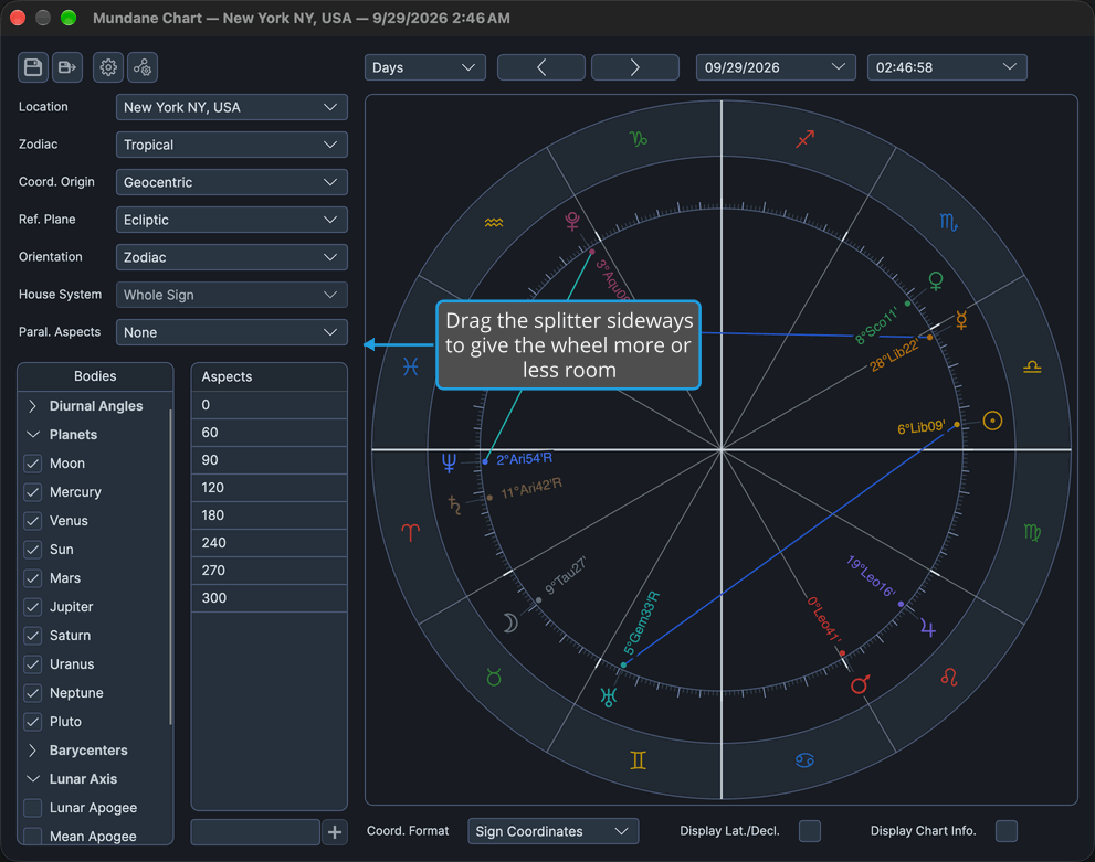 A Mundane chart window with the splitter between the settings panel and the wheel, which is dragged sideways to resize the wheel column.
