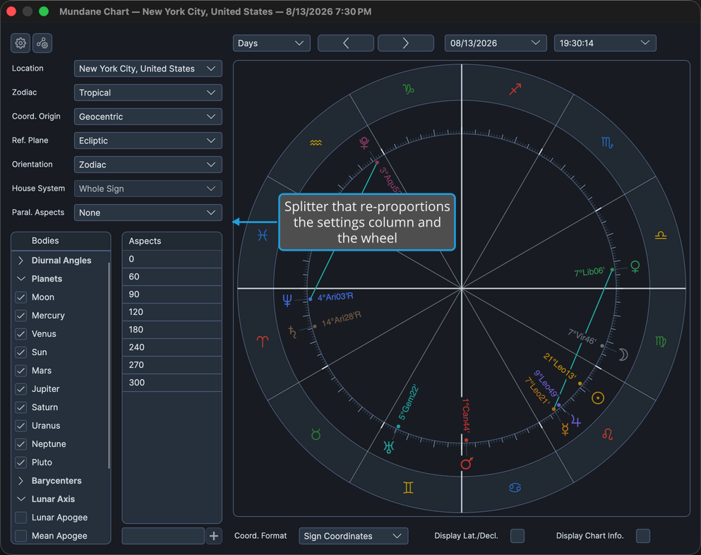 Mundane chart window with the splitter between the settings column and the wheel.