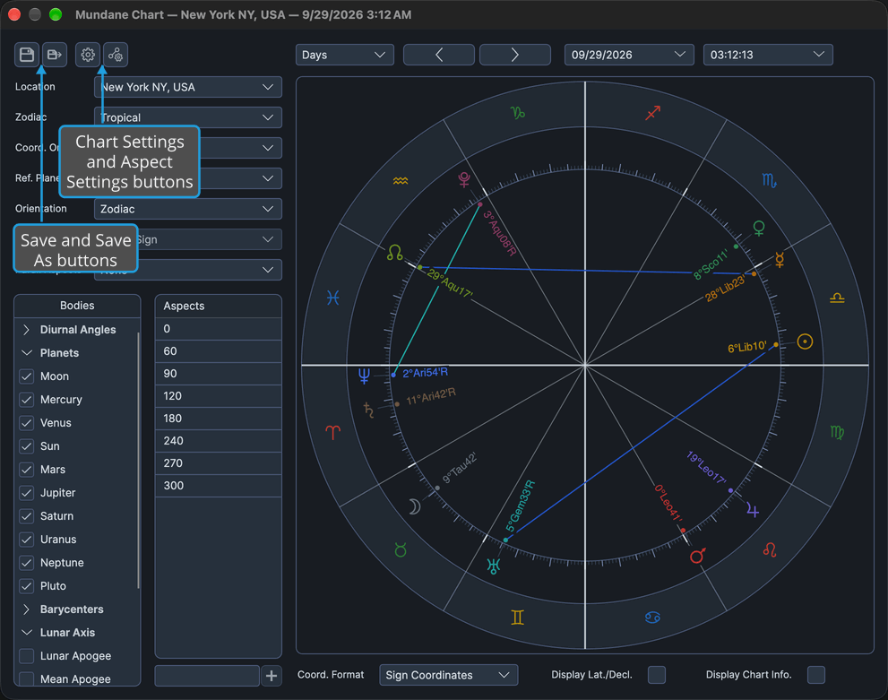 A Mundane chart window with the Save and Save As buttons and the Chart Settings and Aspect Settings buttons marked on its toolbar.