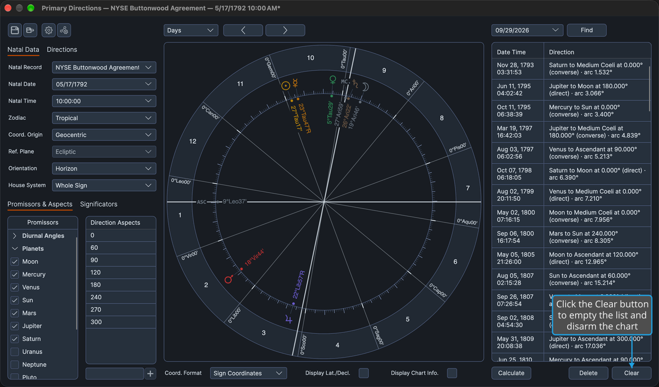 A Primary Directions chart with a filled directions list and the Clear button beneath it, which empties the list and stops it recalculating.