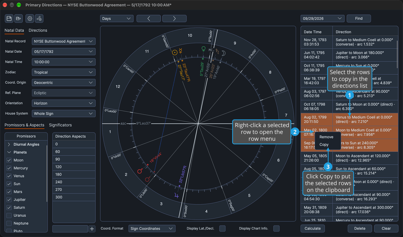 A Primary Directions chart with a run of rows selected in the directions list and the row menu open on them, offering Remove and Copy.