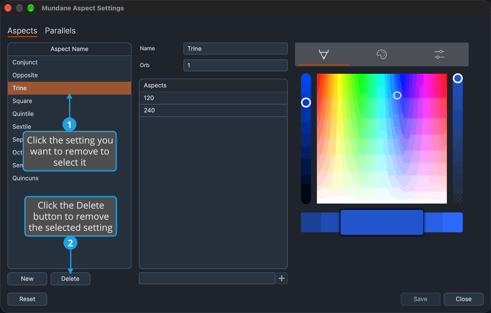 The Mundane Aspect Settings window with Trine selected in the aspect settings list and the Delete button beneath the list marked to remove it.
