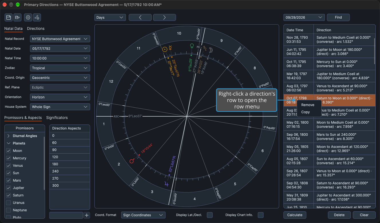 A Primary Directions chart with the row menu open on a row of the directions list, offering only Remove and Copy.