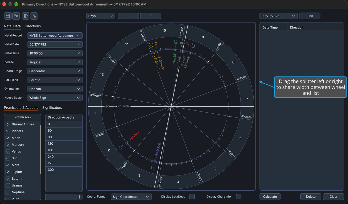 A Primary Directions chart window with the splitter between the wheel and the directions list, which is dragged sideways to share their width.