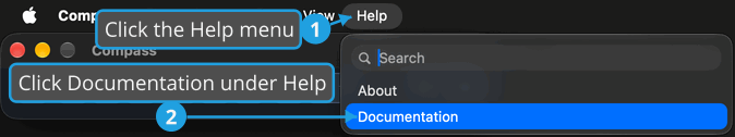 The Help menu open from the menu bar, with numbered callouts on Help and on Documentation, which opens the online documentation in your web browser.