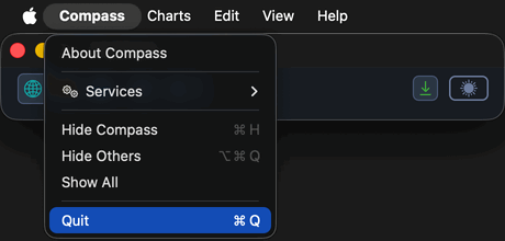 The Compass application menu open in the macOS menu bar, showing Quit.