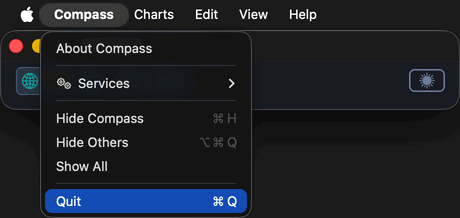 The macOS Compass application menu open in the system menu bar, showing the Quit command.