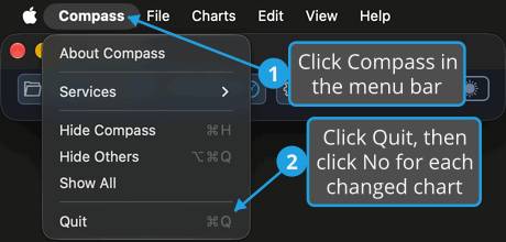 The Compass application menu open, with numbered callouts on Compass and on Quit, the second telling you to click No for each changed chart to discard its changes.