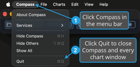The Compass application menu open from the menu bar, with numbered callouts on Compass and on Quit, which quits at once when no chart file has changed.
