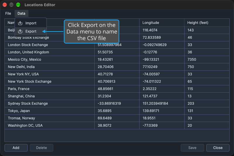 The Locations Editor with its Data menu open and Export highlighted, with a callout on Export.