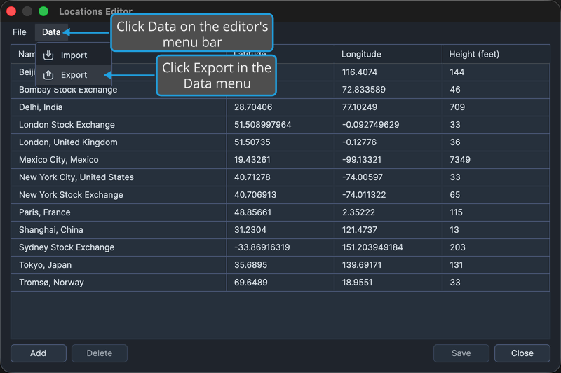 The Locations Editor with its Data menu open and Export highlighted.