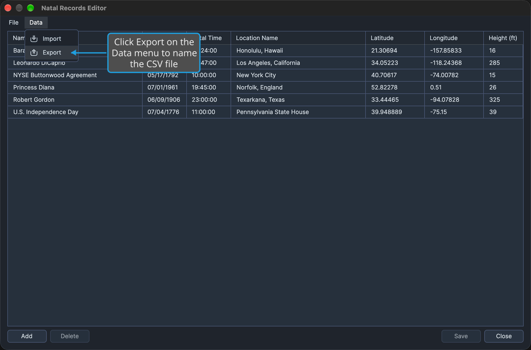 The Natal Records Editor with its Data menu open and Export highlighted, with a callout on Export.