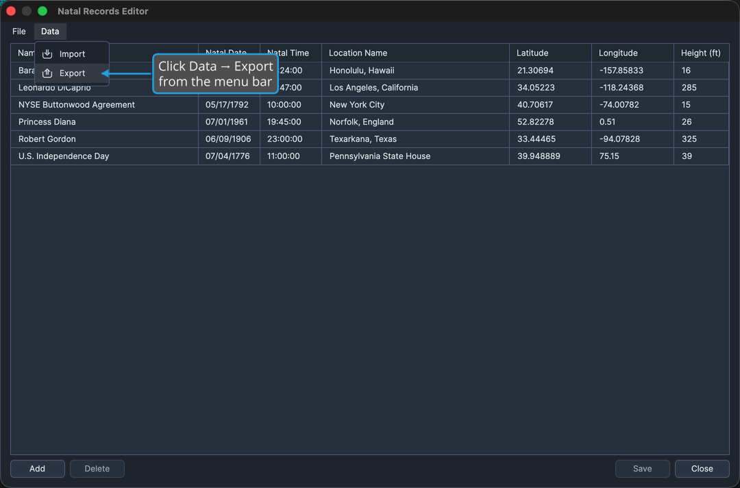 The Data menu of the Natal Records Editor open, showing the Export command.