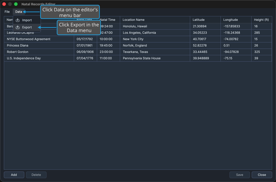 The Natal Records Editor with its Data menu open and Export highlighted.