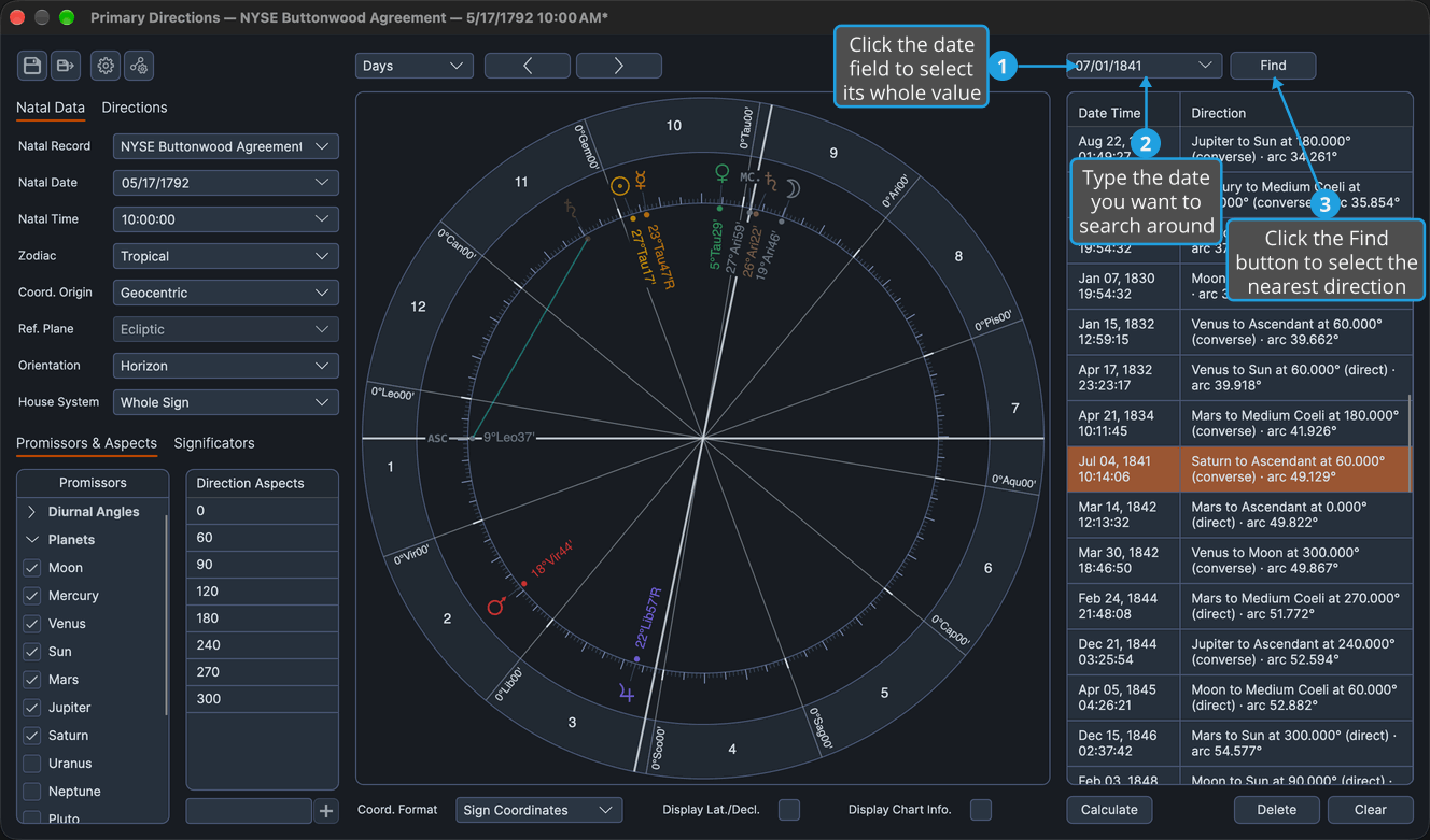 A Primary Directions chart with a date typed in the date field above the directions list, the Find button beside it, and the direction perfecting nearest that date selected in the middle of the list.