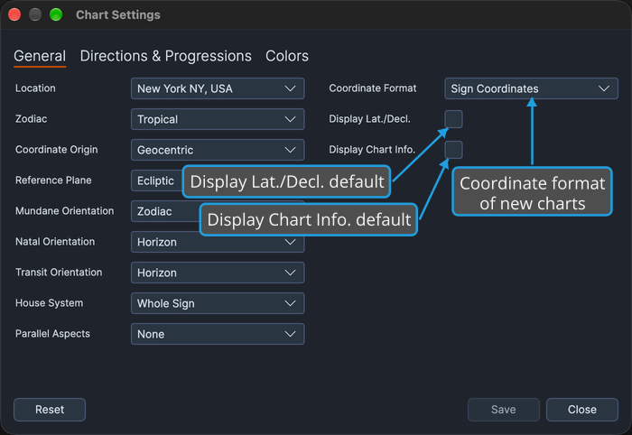 The General tab of the Chart Settings window, with callouts on the Coordinate Format row and on the two display check boxes in its second column.