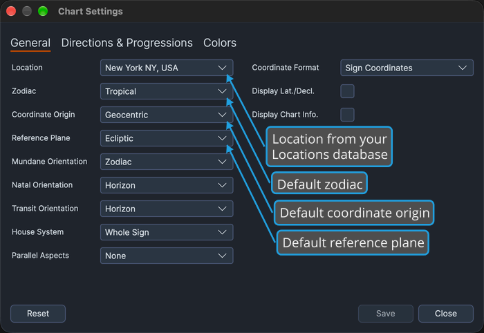 The General tab of the Chart Settings window, with callouts on the Location drop-down and on the Zodiac, Coordinate Origin and Reference Plane rows.