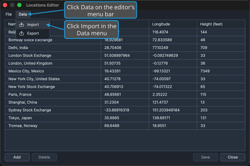 The Locations Editor with its Data menu open and Import highlighted.