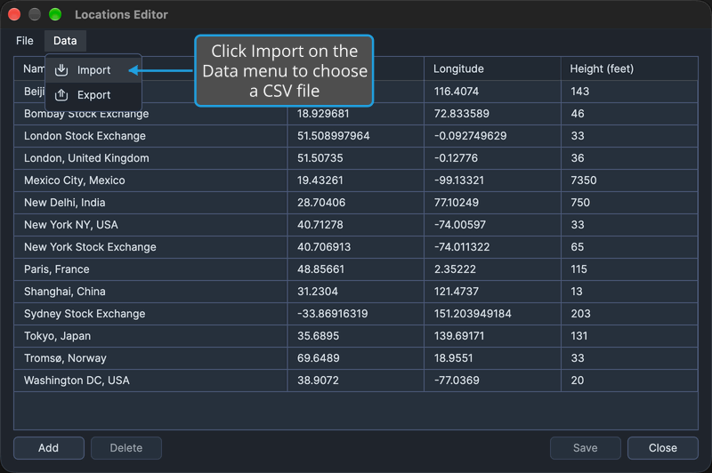 The Locations Editor with its Data menu open and Import highlighted, with a callout on Import.