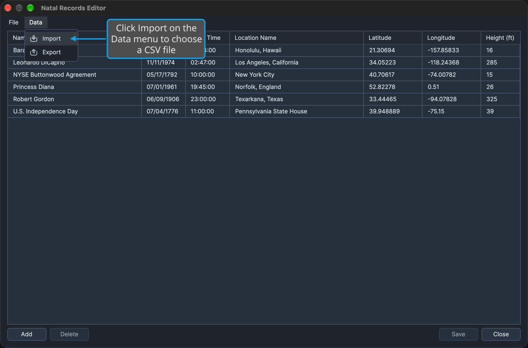 The Natal Records Editor with its Data menu open and Import highlighted, with a callout on Import.