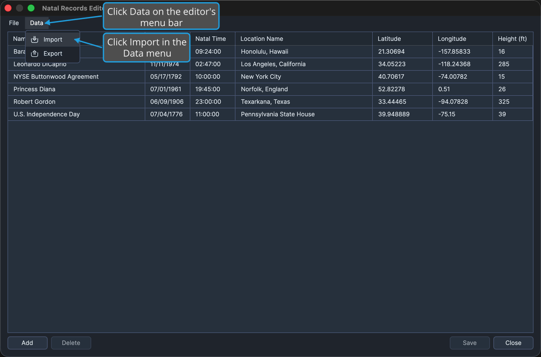 The Natal Records Editor with its Data menu open and Import highlighted.
