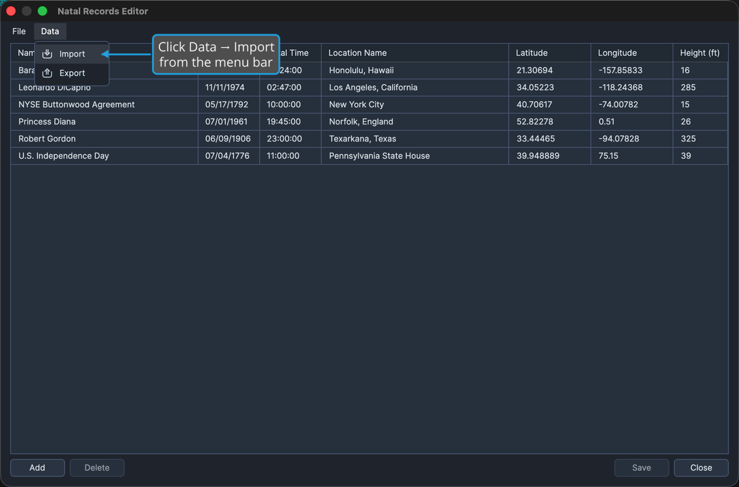 The Data menu of the Natal Records Editor open, showing the Import command.
