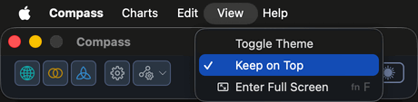 The View menu open on the macOS menu bar with Keep on Top highlighted and its checkmark visible.