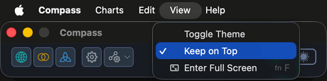 The View menu open in the macOS menu bar with Keep on Top highlighted.