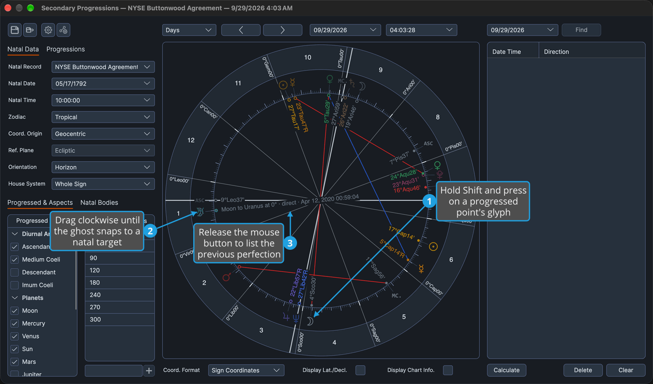 A Secondary Progressions chart during a Shift-drag, with a progressed point's ghost carried clockwise onto a natal target and its label naming the previous pass and its date.