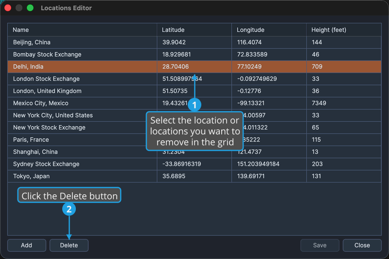 The Locations Editor with one or more rows selected in the grid (select the third row from the top).