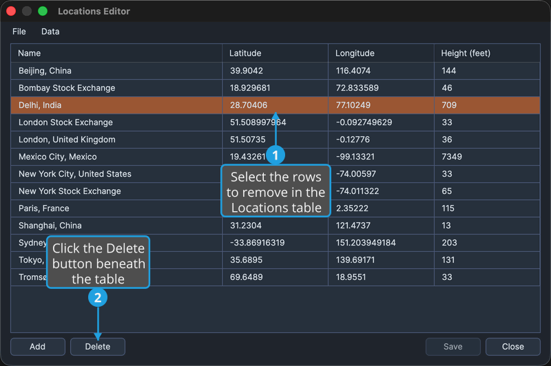 The Locations Editor with a row selected in the locations table.