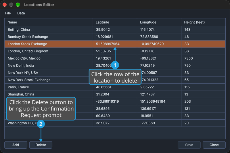 The Locations Editor with one location's row selected, with numbered callouts on the row and on the Delete button at the bottom left.