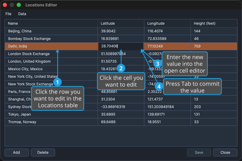The Locations Editor with a cell of the third row in edit mode.