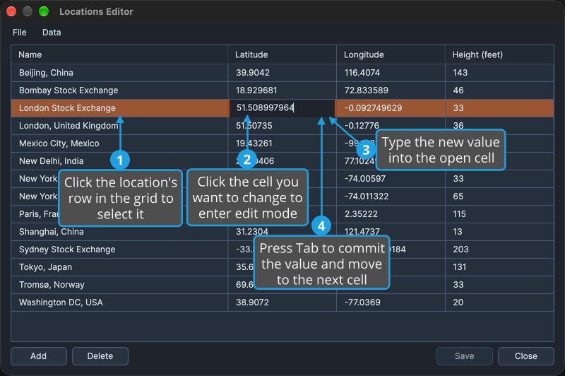 The Locations Editor with a location's row selected and its Latitude cell open for editing, with numbered callouts on the row and the open cell.