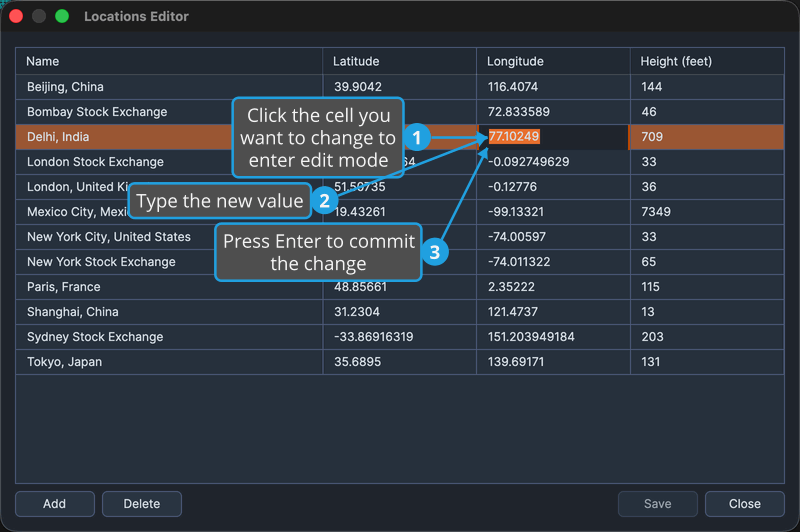 The Locations Editor with a cell roughly in the center of the grid (in the third row from the top).