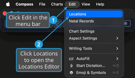 The Edit menu open from the menu bar above the Compass main window, with numbered callouts on Edit and on Locations.