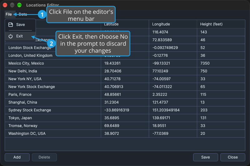 The Locations Editor holding unsaved changes, its File menu open, with numbered callouts on File and on Exit, where you then choose No to discard the changes.