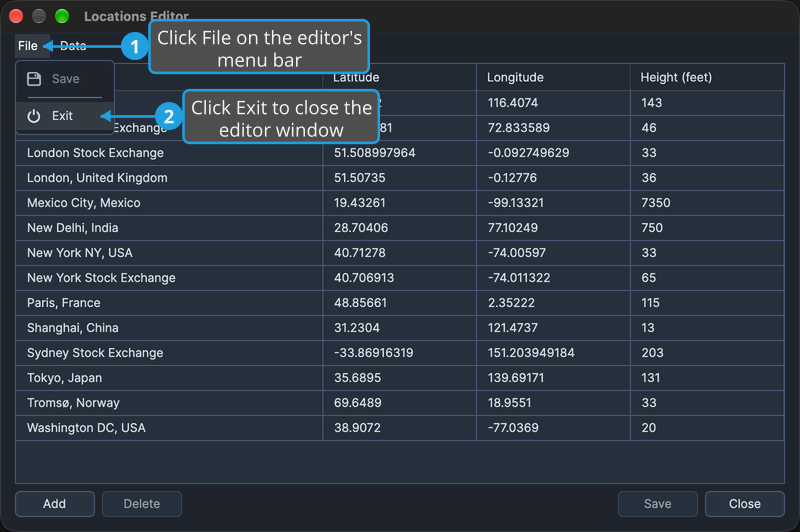 The Locations Editor with no unsaved changes and its File menu open, with numbered callouts on File and on Exit.