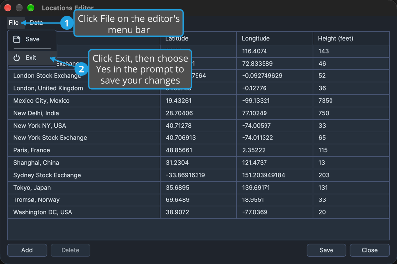 The Locations Editor holding unsaved changes, its File menu open, with numbered callouts on File and on Exit, where you then choose Yes to save the changes.