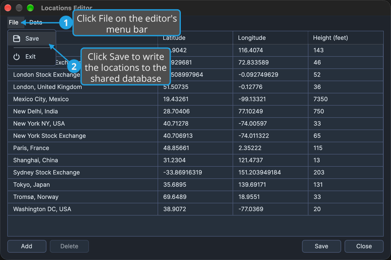 The Locations Editor's File menu open with Save highlighted, with numbered callouts on File and on Save.