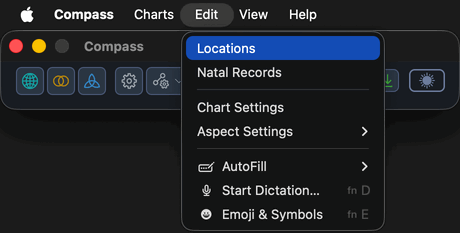 The Edit menu open in the macOS menu bar, showing the Locations item.