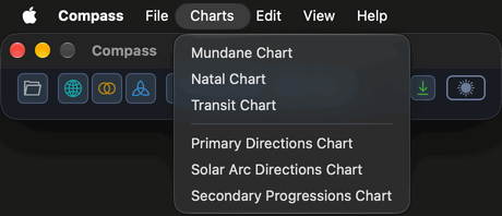 The Charts menu open from the menu bar above the Compass main window, listing the Mundane, Natal and Transit charts and, below a separator, the three technique charts, Primary Directions, Solar Arc Directions and Secondary Progressions.