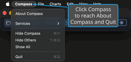 The Compass application menu open from the menu bar, listing About Compass and Quit, with a callout on Compass in the menu bar.