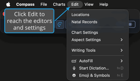 The Edit menu open from the menu bar, listing Locations, Natal Records, Chart Settings and Aspect Settings, with a callout on Edit in the menu bar.