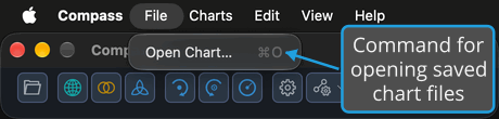 The File menu open from the menu bar above the Compass main window, with a callout on Open Chart…, the menu's only command.