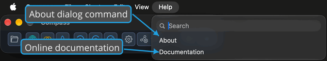 The Help menu open from the menu bar, with callouts on About, which opens the About dialog, and on Documentation, which opens the online documentation.